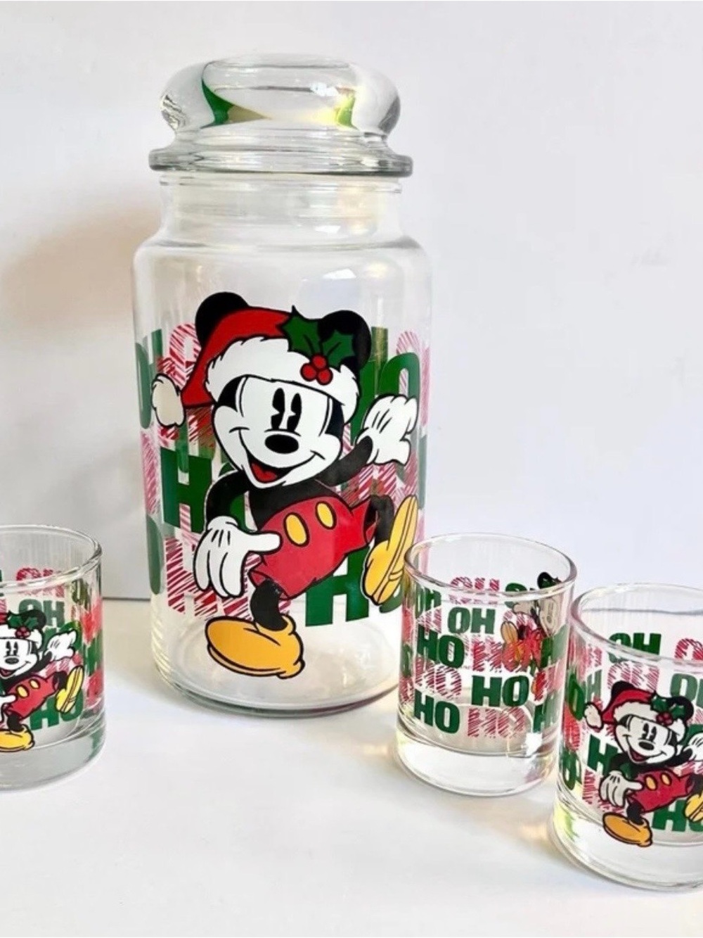 Disney Mickey Mouse Glass Pitcher / Canister w/ Lid 3 small glasses New Cond